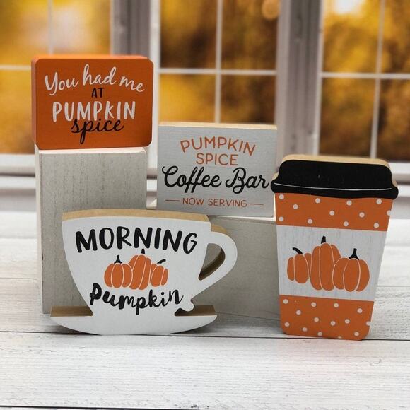 New 4 Pc Set Fall Block Pumpkin Spice Coffee Bar Mini Signs Tiered Tray Decor - Picture 1 of 1